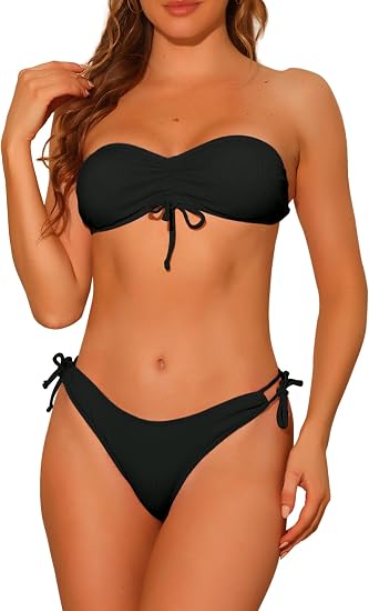 Women Solid Strapless Bandeau 2 Piece Bikini Set
