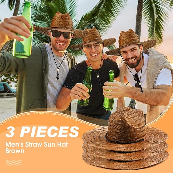 3 Pcs Men's Classic Straw Hat Summer Sun Beach Hat
